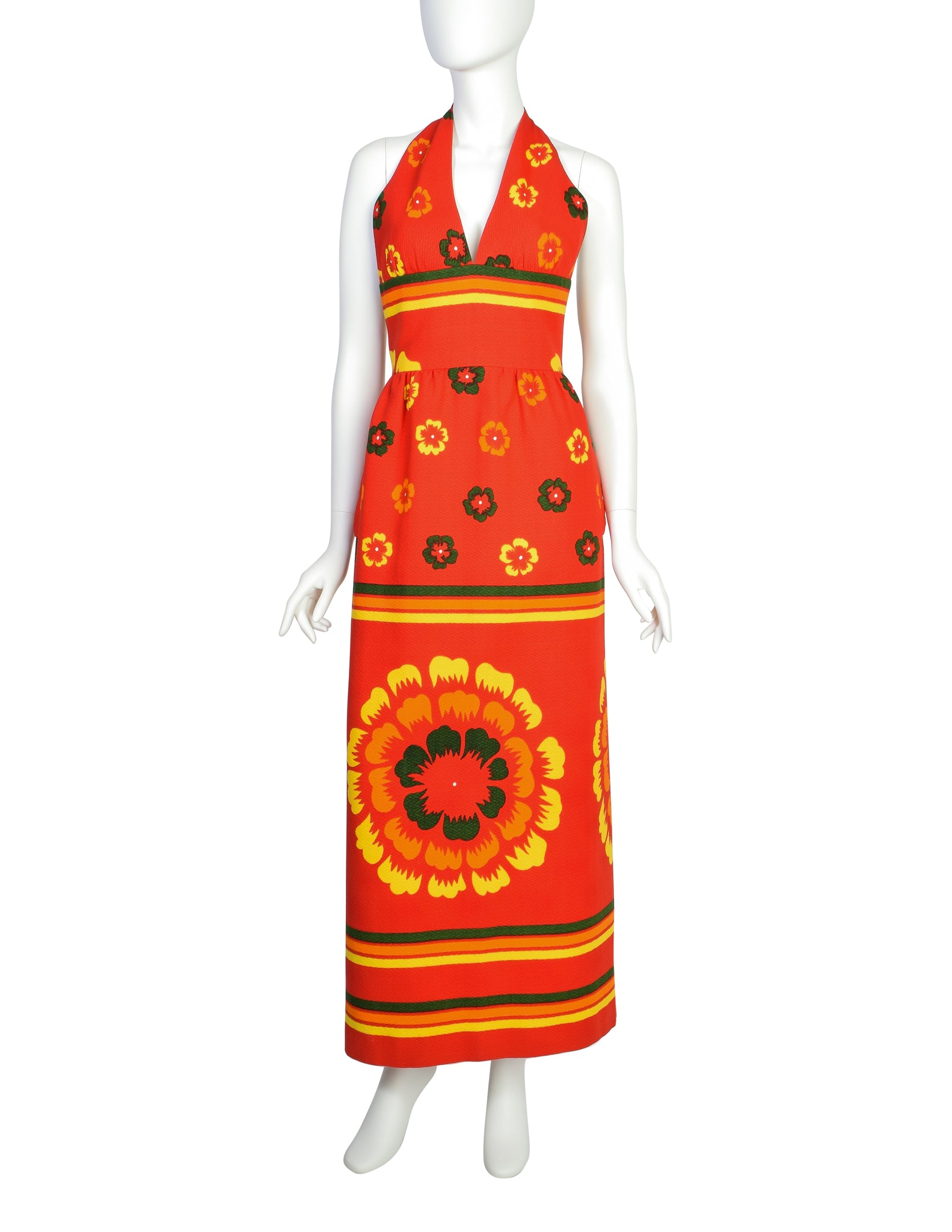 Lanvin Vintage 1972 Iconic Vibrant Red Multicolor Floral Cotton Pique Halter Dress