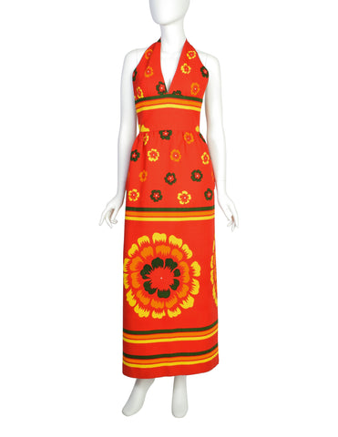 Lanvin Vintage 1972 Iconic Vibrant Red Multicolor Floral Cotton Pique Halter Dress