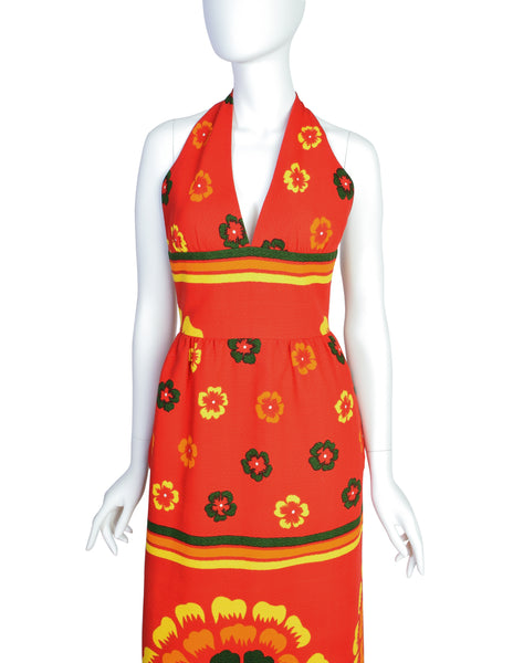 Lanvin Vintage 1972 Iconic Vibrant Red Multicolor Floral Cotton Pique Halter Dress