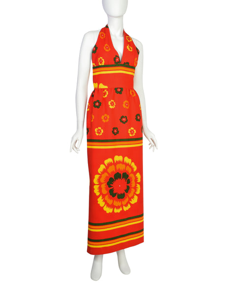Lanvin Vintage 1972 Iconic Vibrant Red Multicolor Floral Cotton Pique Halter Dress