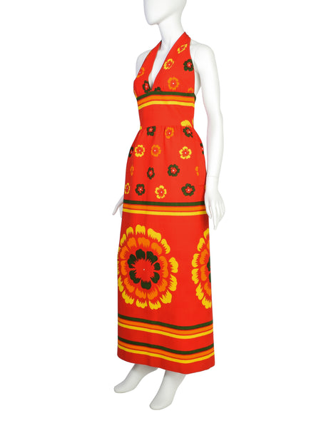 Lanvin Vintage 1972 Iconic Vibrant Red Multicolor Floral Cotton Pique Halter Dress