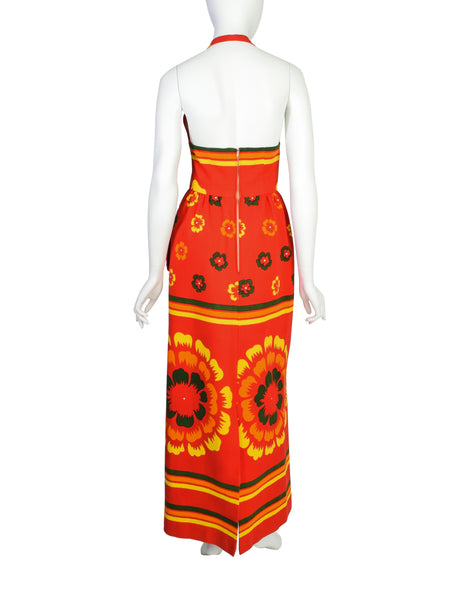 Lanvin Vintage 1972 Iconic Vibrant Red Multicolor Floral Cotton Pique Halter Dress