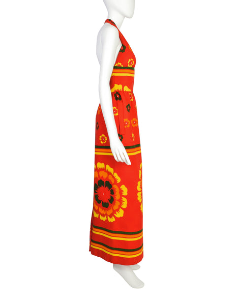 Lanvin Vintage 1972 Iconic Vibrant Red Multicolor Floral Cotton Pique Halter Dress