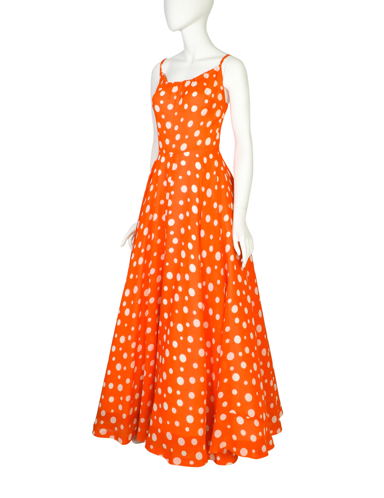 Lanvin Vintage 1973 Red White Polka Dot Chiffon Full Skirt Maxi
