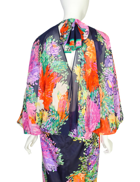 Leonard Vintage 1980s Blue Multicolor Painterly Floral Chiffon Silk Cowl Neck Balloon Sleeve Dress