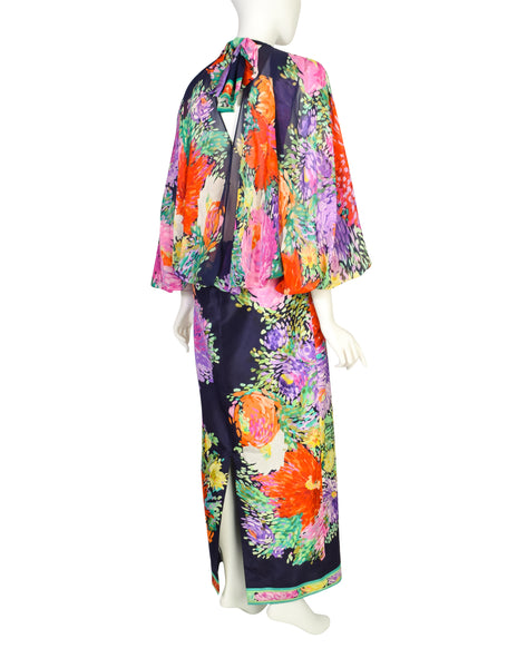Leonard Vintage 1980s Blue Multicolor Painterly Floral Chiffon Silk Cowl Neck Balloon Sleeve Dress