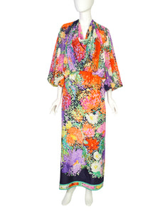 Leonard Vintage 1980s Blue Multicolor Painterly Floral Chiffon Silk Cowl Neck Balloon Sleeve Dress