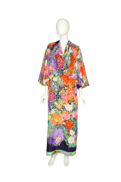 Leonard Vintage 1980s Blue Multicolor Painterly Floral Chiffon Silk Cowl Neck Balloon Sleeve Dress