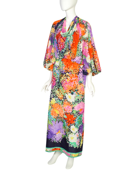 Leonard Vintage 1980s Blue Multicolor Painterly Floral Chiffon Silk Cowl Neck Balloon Sleeve Dress