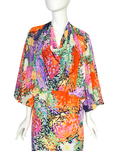 Leonard Vintage 1980s Blue Multicolor Painterly Floral Chiffon Silk Cowl Neck Balloon Sleeve Dress