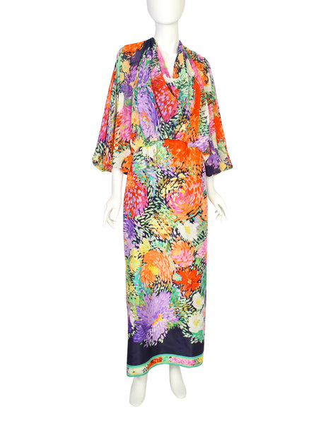 Leonard Vintage 1980s Blue Multicolor Painterly Floral Chiffon Silk Cowl Neck Balloon Sleeve Dress
