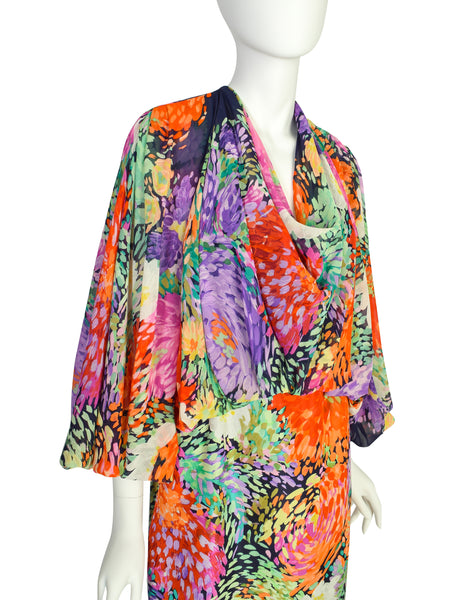 Leonard Vintage 1980s Blue Multicolor Painterly Floral Chiffon Silk Cowl Neck Balloon Sleeve Dress