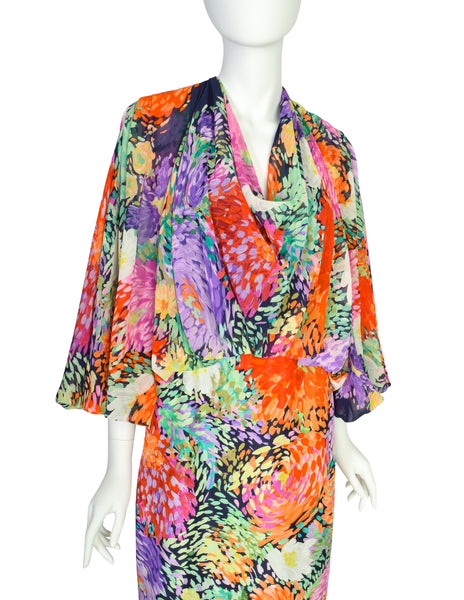 Leonard Vintage 1980s Blue Multicolor Painterly Floral Chiffon Silk Cowl Neck Balloon Sleeve Dress