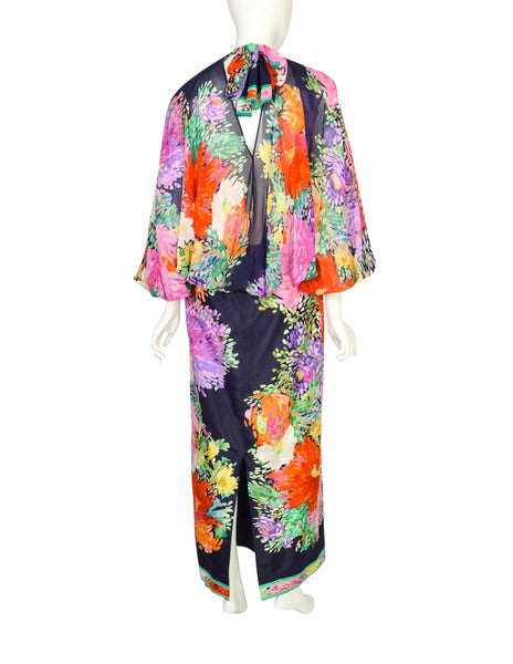 Leonard Vintage 1980s Blue Multicolor Painterly Floral Chiffon Silk Cowl Neck Balloon Sleeve Dress