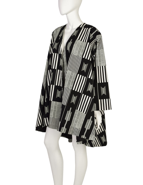 Patrick Kelly Vintage 1988 Black White Kente Inspired Print Cotton Swing Coat