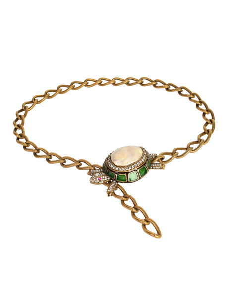 1990s Vintage Rhinestone Strass Enamel Mother of Pearl Brass Turtle Chain Belt