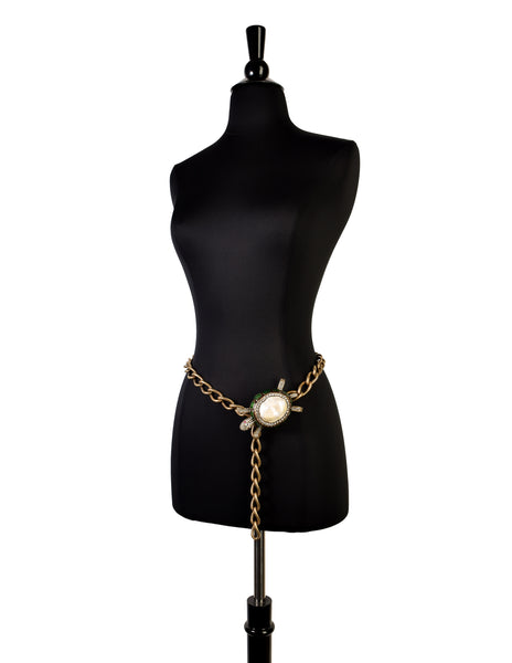 1990s Vintage Rhinestone Strass Enamel Mother of Pearl Brass Turtle Chain Belt