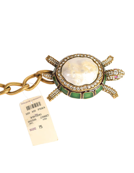 1990s Vintage Rhinestone Strass Enamel Mother of Pearl Brass Turtle Chain Belt