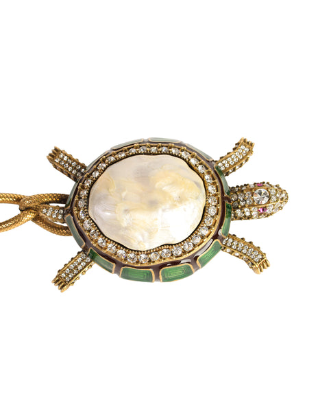 1990s Vintage Rhinestone Strass Enamel Mother of Pearl Brass Turtle Chain Belt