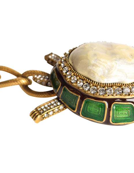 1990s Vintage Rhinestone Strass Enamel Mother of Pearl Brass Turtle Chain Belt