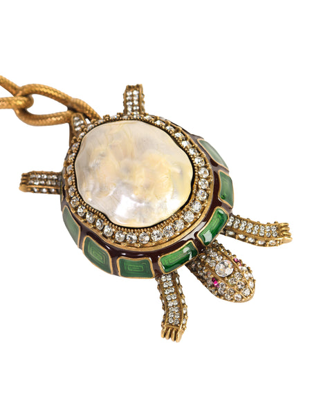 1990s Vintage Rhinestone Strass Enamel Mother of Pearl Brass Turtle Chain Belt