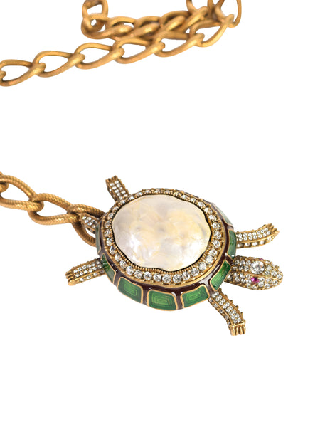 1990s Vintage Rhinestone Strass Enamel Mother of Pearl Brass Turtle Chain Belt