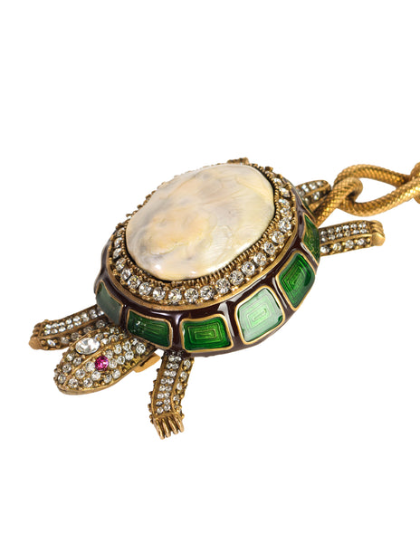 1990s Vintage Rhinestone Strass Enamel Mother of Pearl Brass Turtle Chain Belt