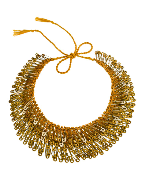 Vintage Brass Silver and Gold Safety Pin Knit Collar Necklace