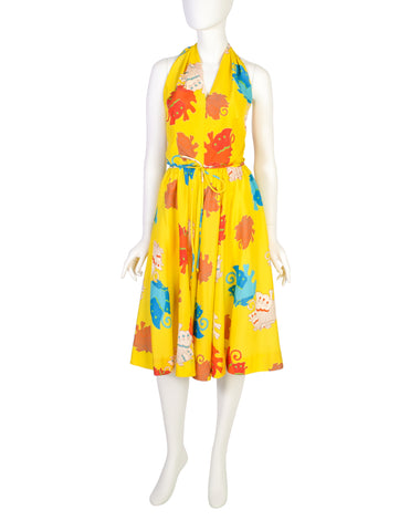 Florence Lustig Vintage Bright Yellow Colorful Butterfly Print Silk Halter Dress