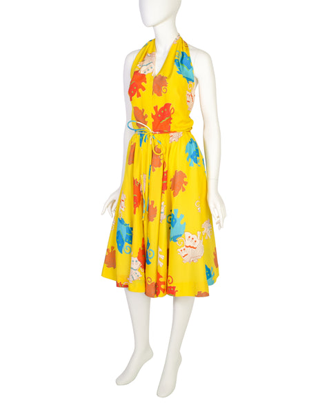 Florence Lustig Vintage Bright Yellow Colorful Butterfly Print Silk Halter Dress