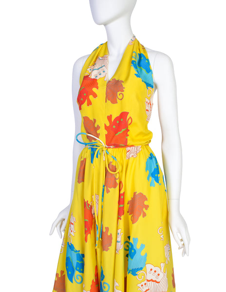 Florence Lustig Vintage Bright Yellow Colorful Butterfly Print Silk Halter Dress
