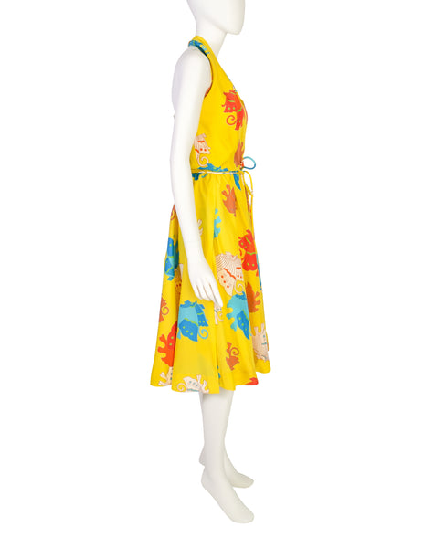 Florence Lustig Vintage Bright Yellow Colorful Butterfly Print Silk Halter Dress