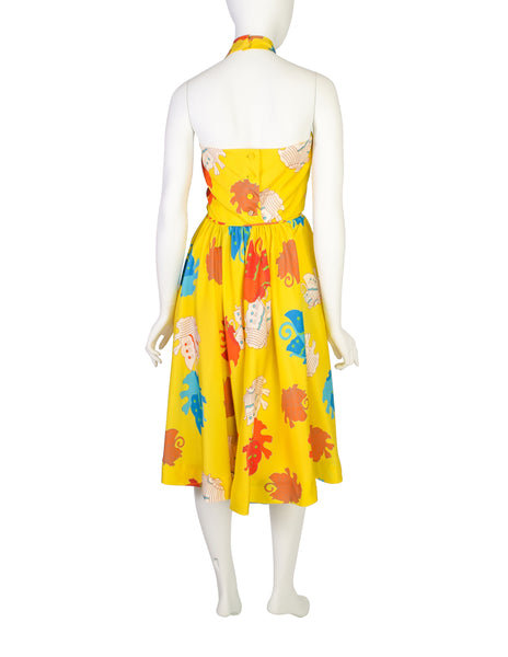 Florence Lustig Vintage Bright Yellow Colorful Butterfly Print Silk Halter Dress