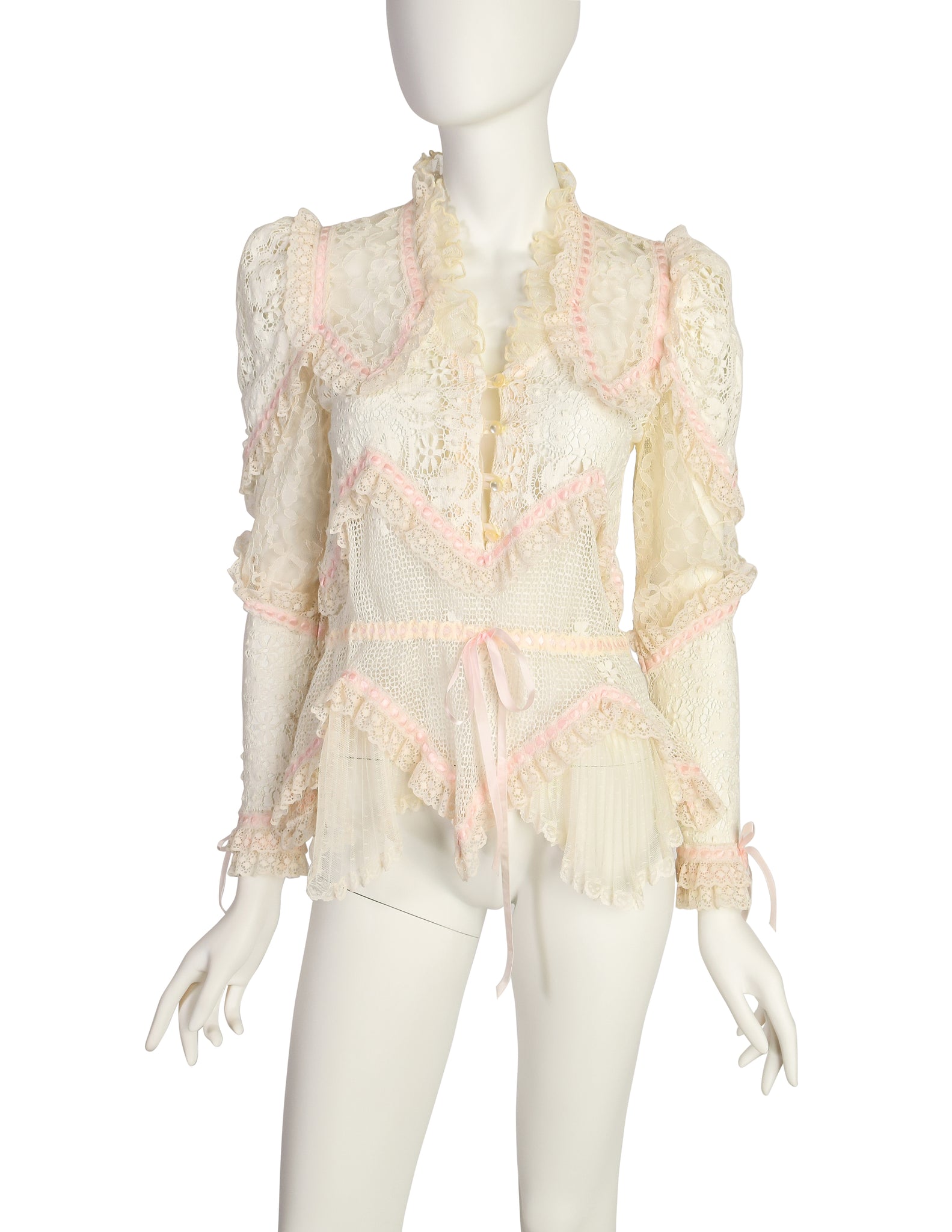St. Martin Vintage 1970s Romantic Cream Crochet Lace Pink Ribbon Puff Sleeve Top