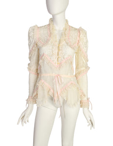 St. Martin Vintage 1970s Romantic Cream Crochet Lace Pink Ribbon Puff Sleeve Top