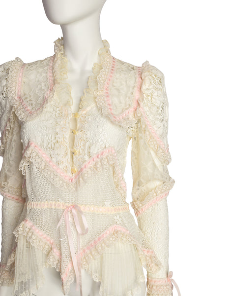 St. Martin Vintage 1970s Romantic Cream Crochet Lace Pink Ribbon Puff Sleeve Top