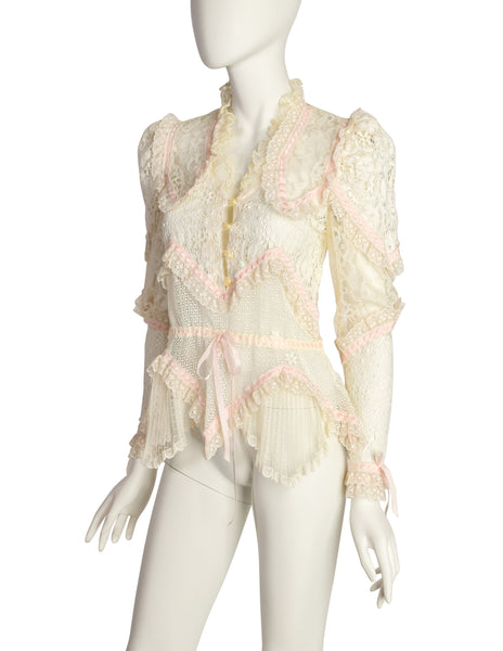 St. Martin Vintage 1970s Romantic Cream Crochet Lace Pink Ribbon Puff Sleeve Top