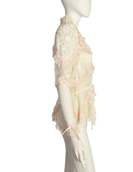 St. Martin Vintage 1970s Romantic Cream Crochet Lace Pink Ribbon Puff Sleeve Top