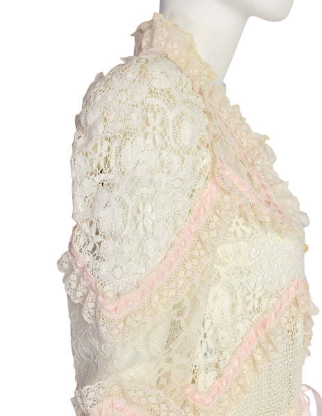 St. Martin Vintage 1970s Romantic Cream Crochet Lace Pink Ribbon Puff Sleeve Top