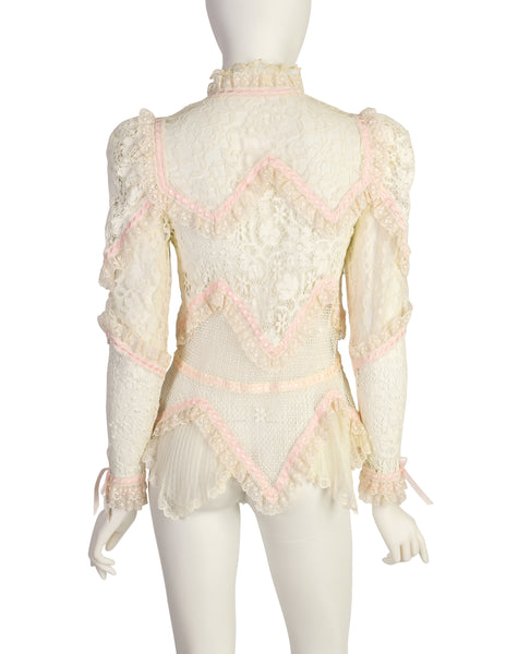 St. Martin Vintage 1970s Romantic Cream Crochet Lace Pink Ribbon Puff Sleeve Top
