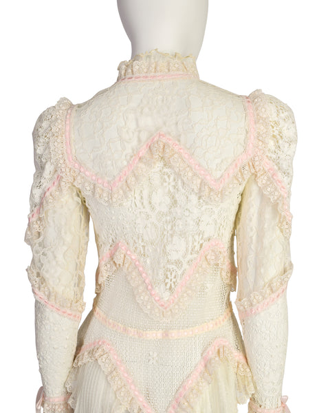 St. Martin Vintage 1970s Romantic Cream Crochet Lace Pink Ribbon Puff Sleeve Top