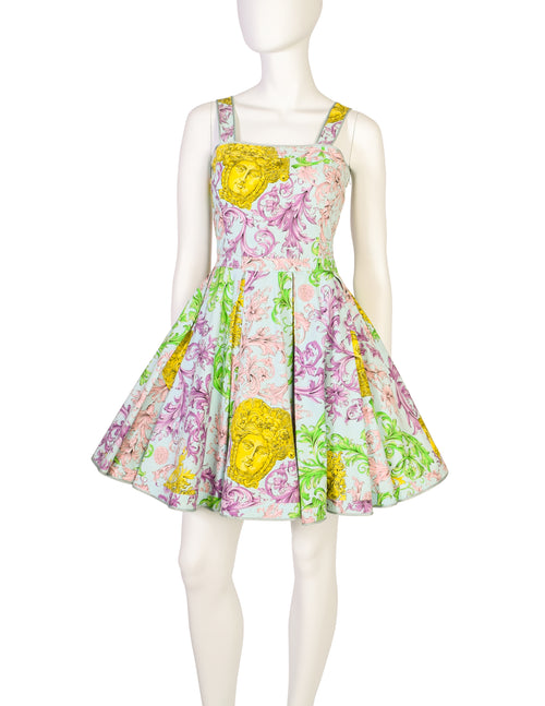 versace pastel dress 1990S GIANNI VERSACE Pastel & Black Wool Blend Sateen Tropical Floral Dress Wit