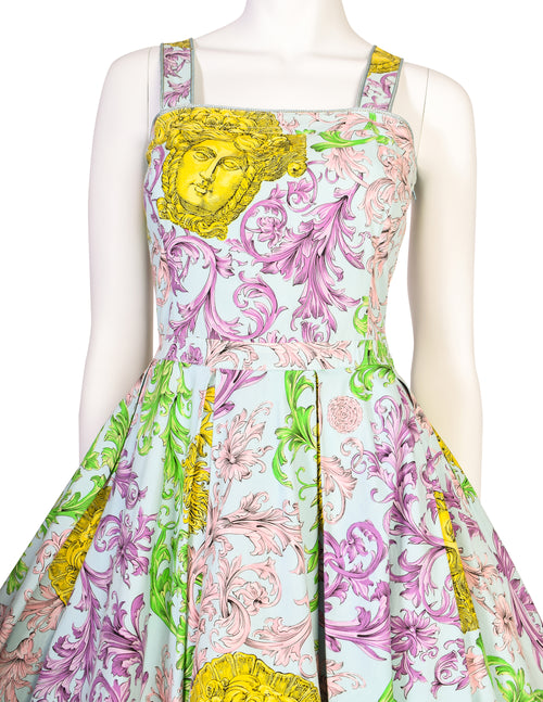 versace pastel dress 1990S GIANNI VERSACE Pastel & Black Wool Blend Sateen Tropical Floral Dress Wit