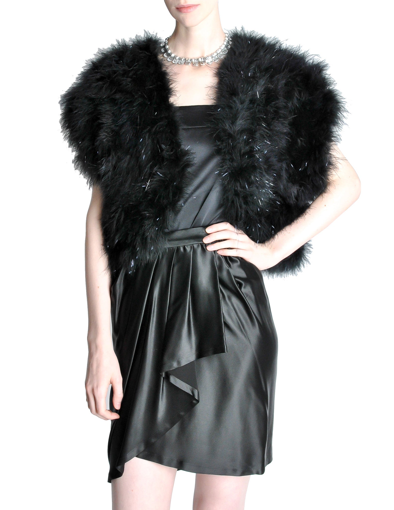 Vintage Black and Silver Marabou Bolero Vest
