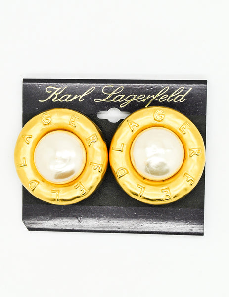 Karl Lagerfeld Vintage Brushed Gold Large Signature Pearl Earrings