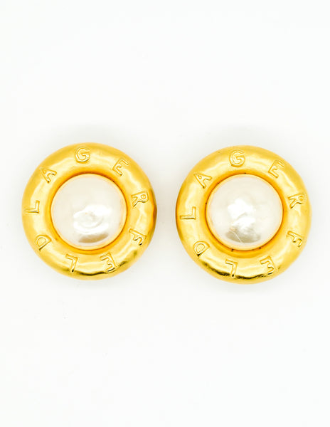 Karl Lagerfeld Vintage Brushed Gold Large Signature Pearl Earrings - Amarcord Vintage Fashion
 - 2