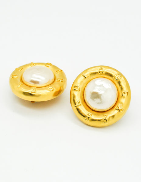 Karl Lagerfeld Vintage Brushed Gold Large Signature Pearl Earrings - Amarcord Vintage Fashion
 - 3