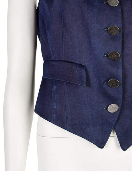 Vivienne Westwood Vintage 1990s Overdyed Indigo Blue Orb Button Fitted Vest
