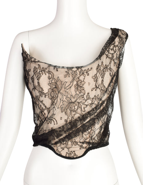 Vivienne Westwood AW 1996 Gold Label Asymmetrical One Shoulder Black Lace Overlay Illusion Corset Top