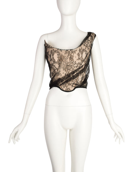 Vivienne Westwood AW 1996 Gold Label Asymmetrical One Shoulder Black Lace Overlay Illusion Corset Top